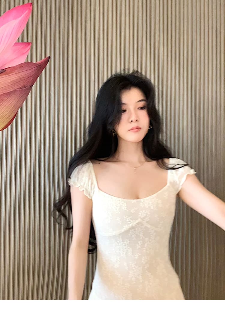 대 eees 골동품 오르골 프랑스식 아름다운 레이스 u 칼라 작은 날다 소매 요정 요정 허리 수축 슬림해 보이는 드레스 여름 상세 이미지 22