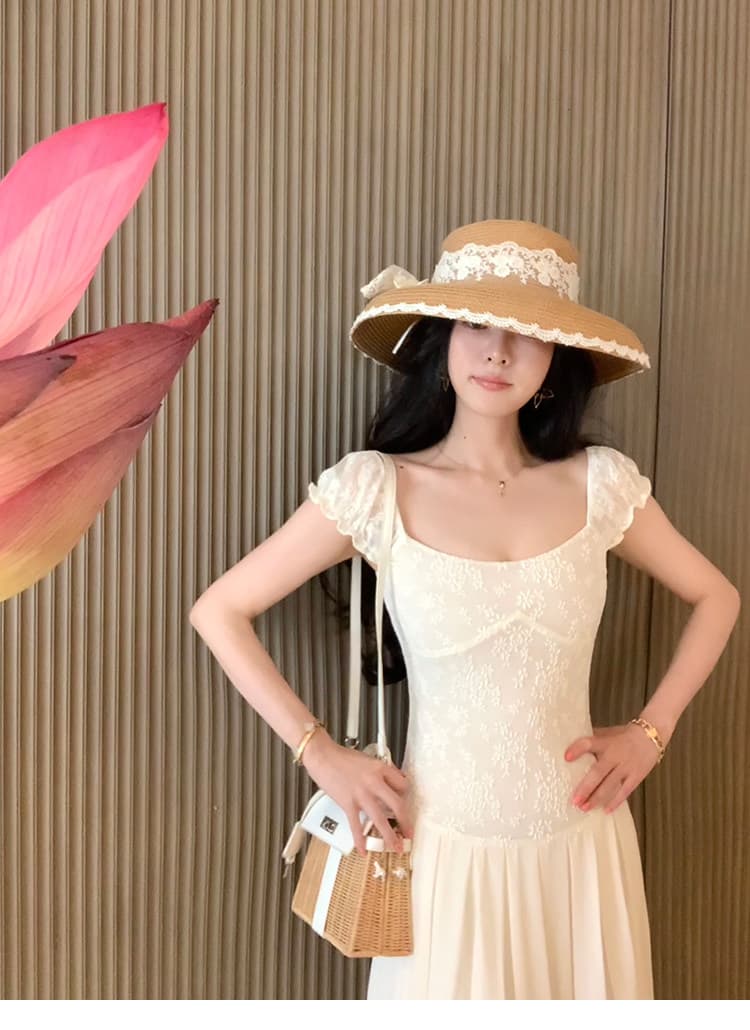 대 eees 골동품 오르골 프랑스식 아름다운 레이스 u 칼라 작은 날다 소매 요정 요정 허리 수축 슬림해 보이는 드레스 여름 상세 이미지 24