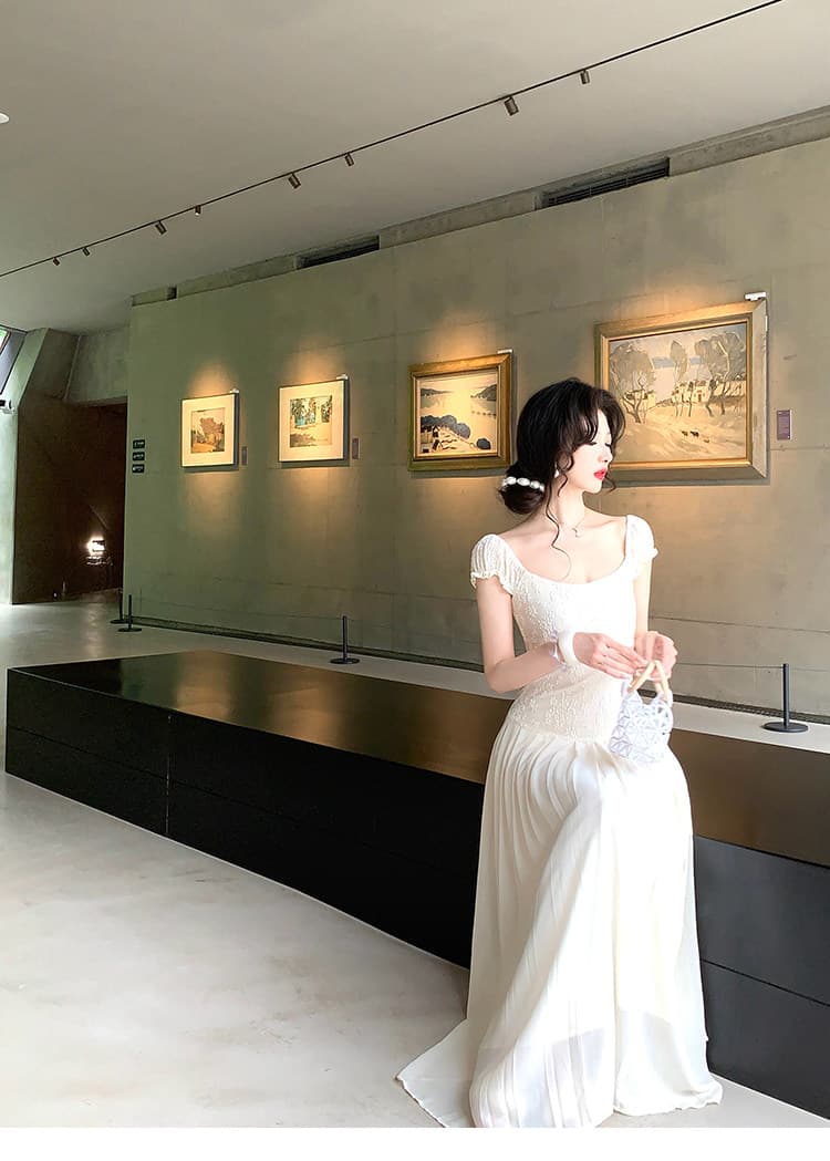 대 eees 골동품 오르골 프랑스식 아름다운 레이스 u 칼라 작은 날다 소매 요정 요정 허리 수축 슬림해 보이는 드레스 여름 상세 이미지 28