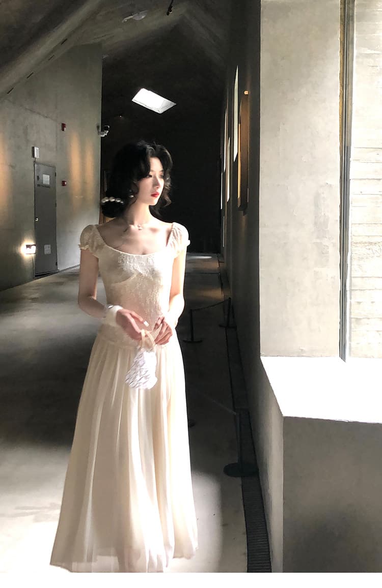 대 eees 골동품 오르골 프랑스식 아름다운 레이스 u 칼라 작은 날다 소매 요정 요정 허리 수축 슬림해 보이는 드레스 여름 상세 이미지 29