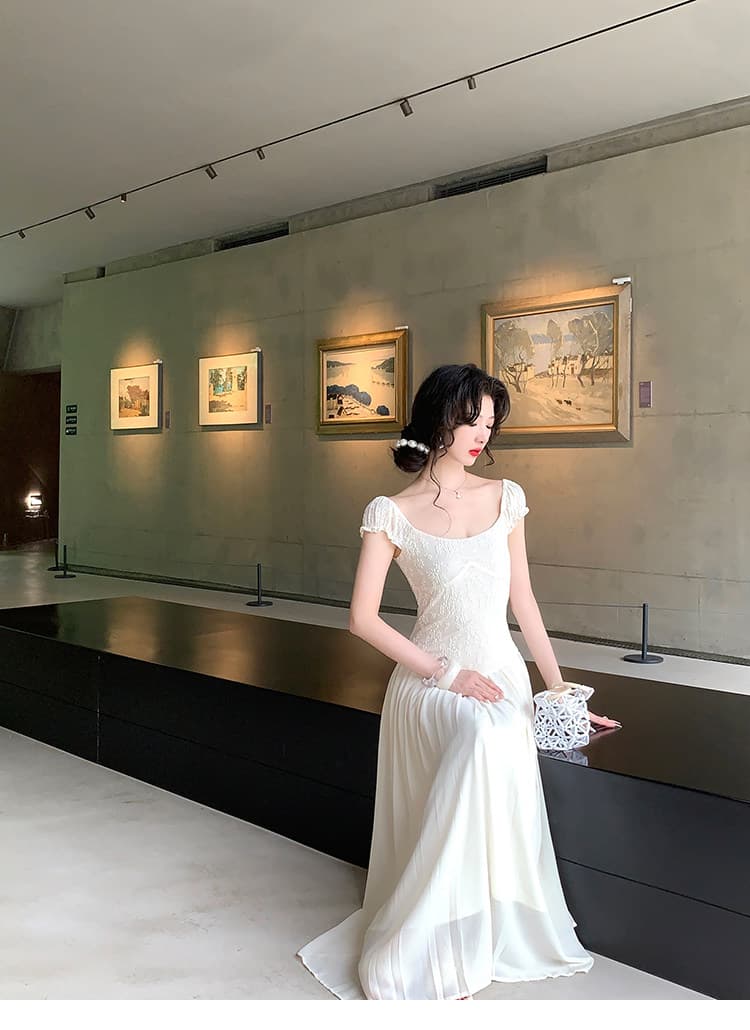 대 eees 골동품 오르골 프랑스식 아름다운 레이스 u 칼라 작은 날다 소매 요정 요정 허리 수축 슬림해 보이는 드레스 여름 상세 이미지 30