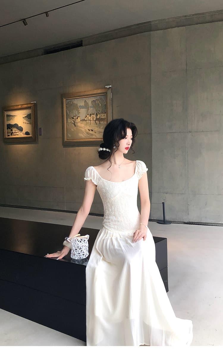 대 eees 골동품 오르골 프랑스식 아름다운 레이스 u 칼라 작은 날다 소매 요정 요정 허리 수축 슬림해 보이는 드레스 여름 상세 이미지 32