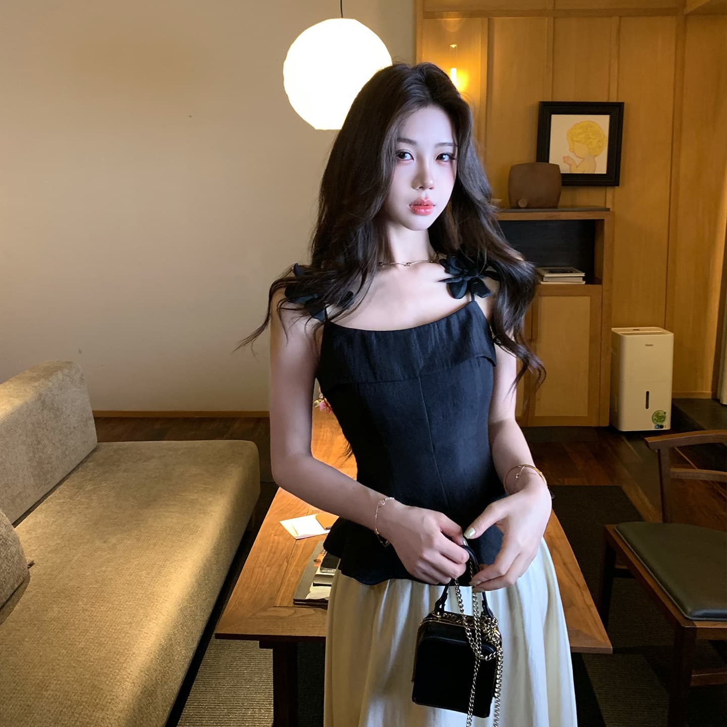 무쯔리 목자이 ~ 중 리 빛 럭셔리 디자인 센스 작은 대중 꽃 슬립 허리 수축 맨위 여성 도루 센스 새틴 반신 치마 세트 이미지 3
