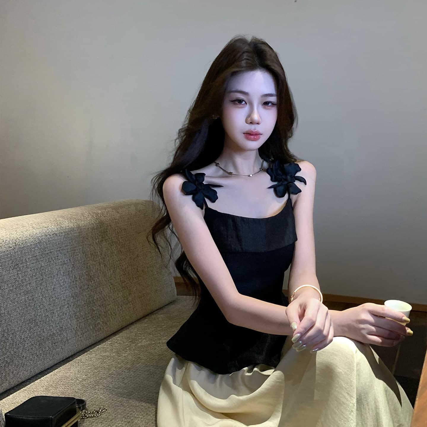 무쯔리 목자이 ~ 중 리 빛 럭셔리 디자인 센스 작은 대중 꽃 슬립 허리 수축 맨위 여성 도루 센스 새틴 반신 치마 세트 이미지 4