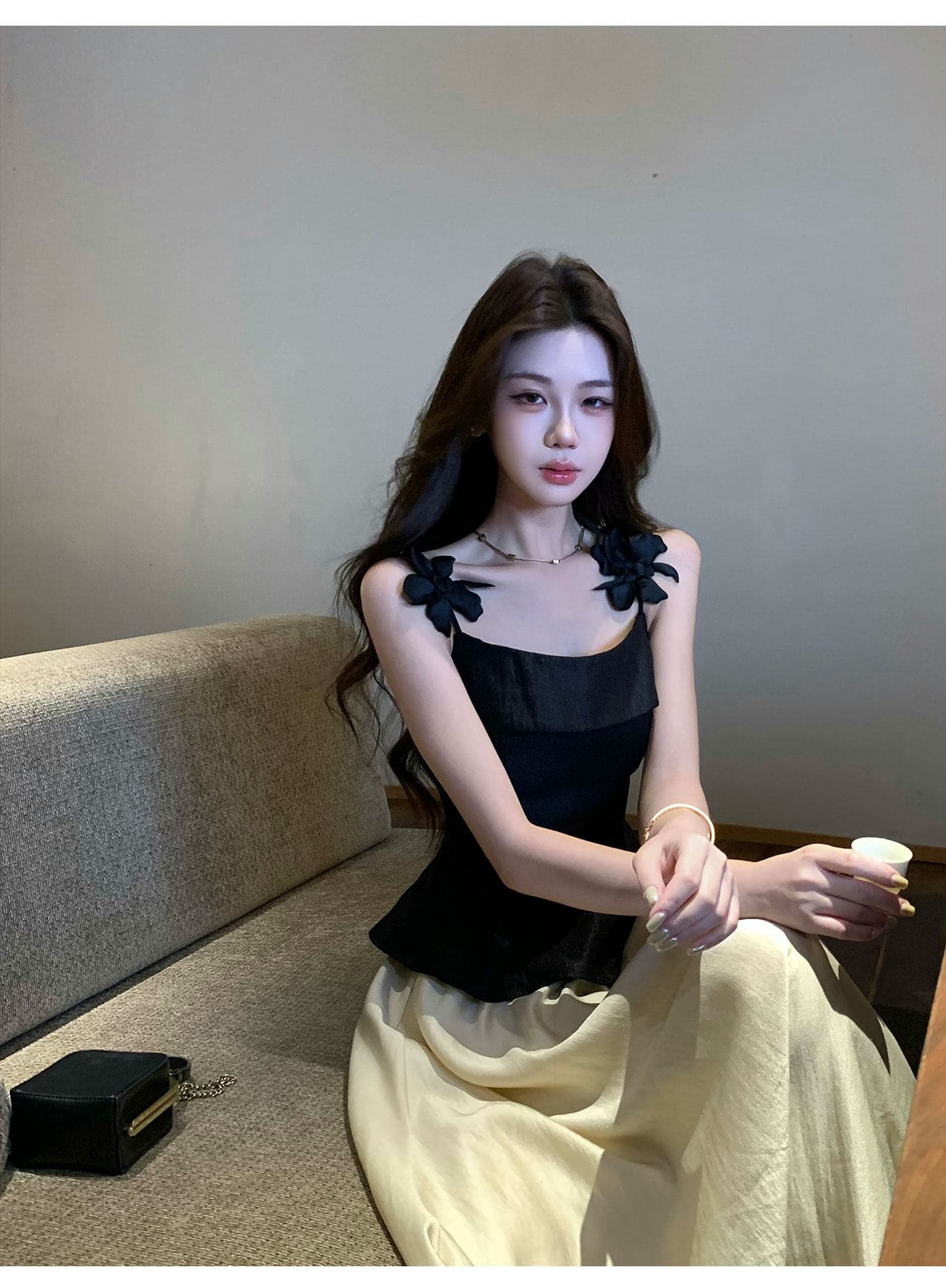 무쯔리 목자이 ~ 중 리 빛 럭셔리 디자인 센스 작은 대중 꽃 슬립 허리 수축 맨위 여성 도루 센스 새틴 반신 치마 세트 상세 이미지 5