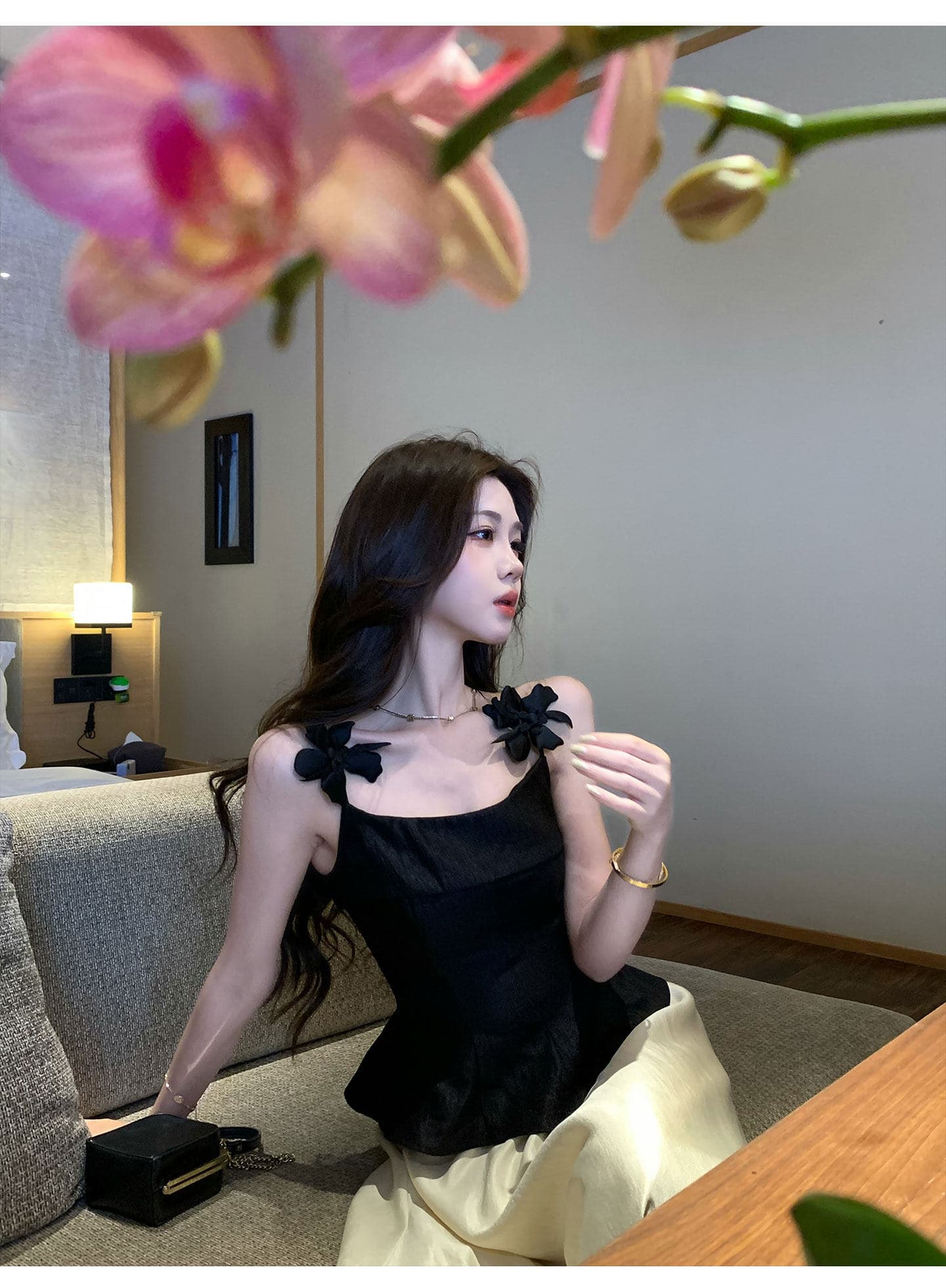 무쯔리 목자이 ~ 중 리 빛 럭셔리 디자인 센스 작은 대중 꽃 슬립 허리 수축 맨위 여성 도루 센스 새틴 반신 치마 세트 상세 이미지 7