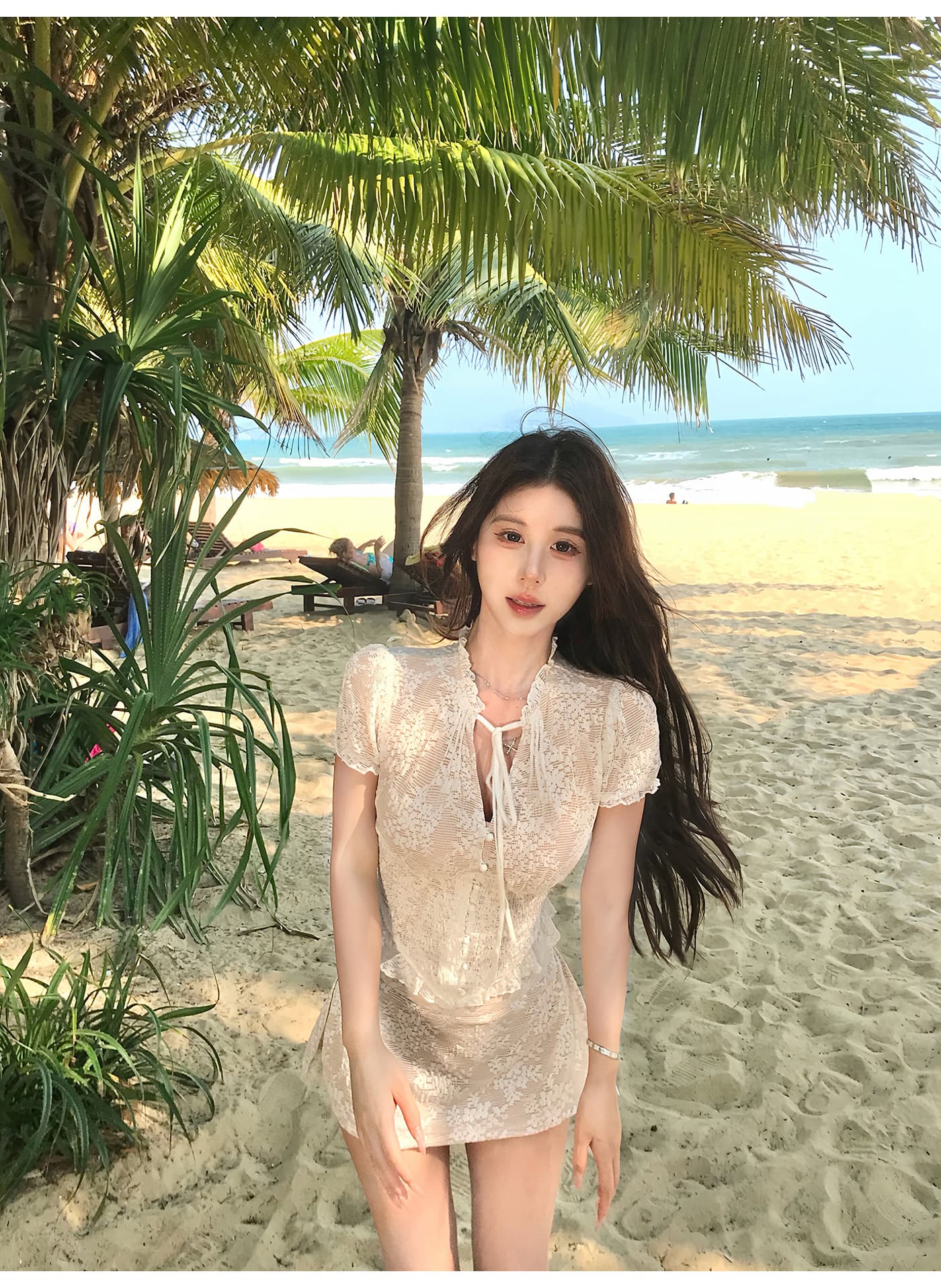 핫걸 바람 디자인 센스 레이스 여성 셔츠 여름 데이트 분위기 센스 맨위 레이스 반신 스커트 세트 둘 세트 상세 이미지 5