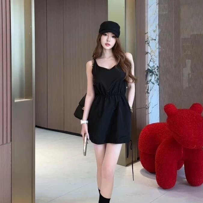 한국 스타일 고급 센스 검정색 V넥 민소매 슬립 여성 드레스 여름 외국 가스 허리 수축 슬림해 보이는 작은 키 멜빵 스커트 이미지 2
