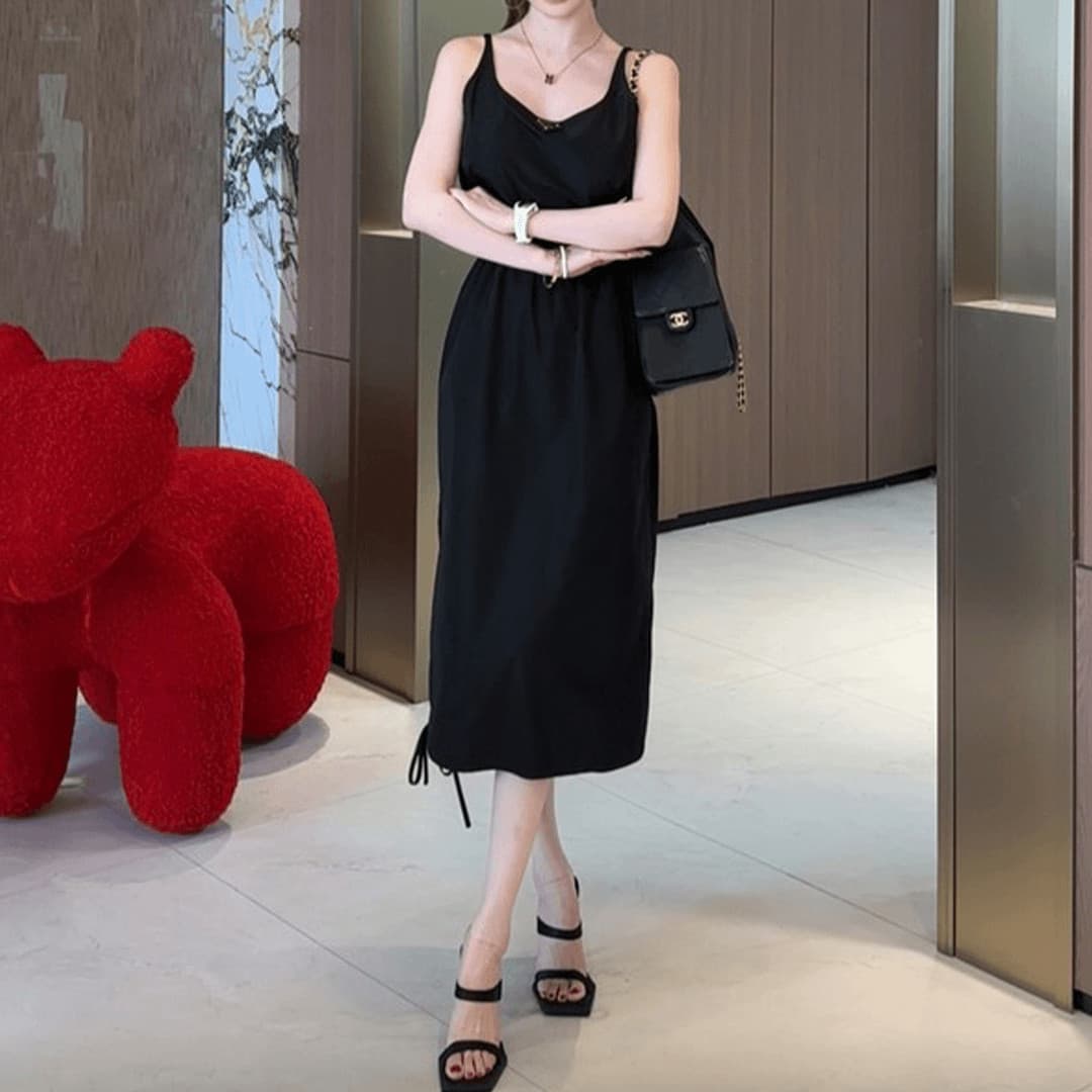 한국 스타일 고급 센스 검정색 V넥 민소매 슬립 여성 드레스 여름 외국 가스 허리 수축 슬림해 보이는 작은 키 멜빵 스커트 상세 이미지 4
