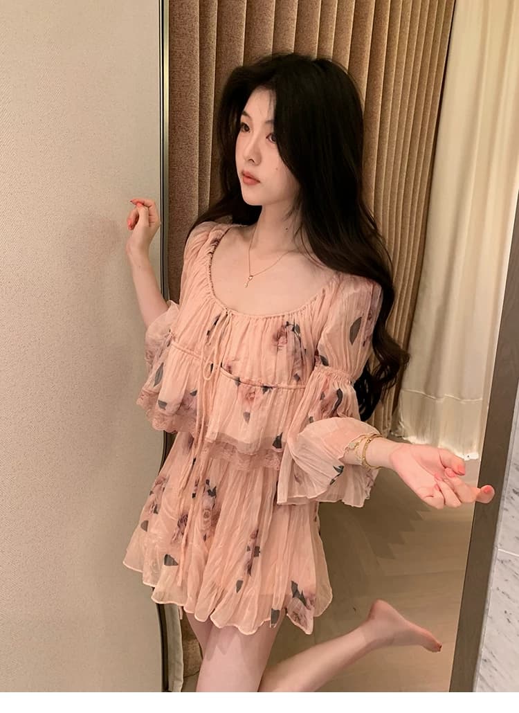 대 eees 나카지마 장미 프랑스식 중년 낭만주의 오프숄더 광장 칼라 둘 착용 플리츠 꽃무늬 휴가 바람 세트 상세 이미지 3