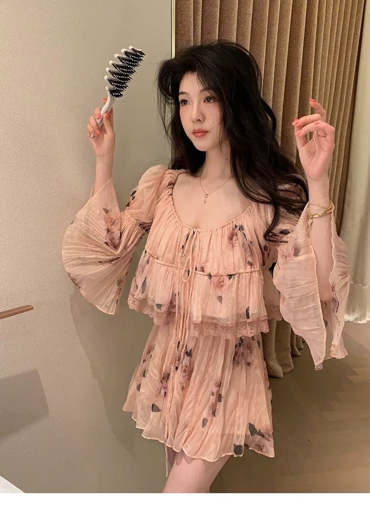 대 eees 나카지마 장미 프랑스식 중년 낭만주의 오프숄더 광장 칼라 둘 착용 플리츠 꽃무늬 휴가 바람 세트 상세 이미지 4