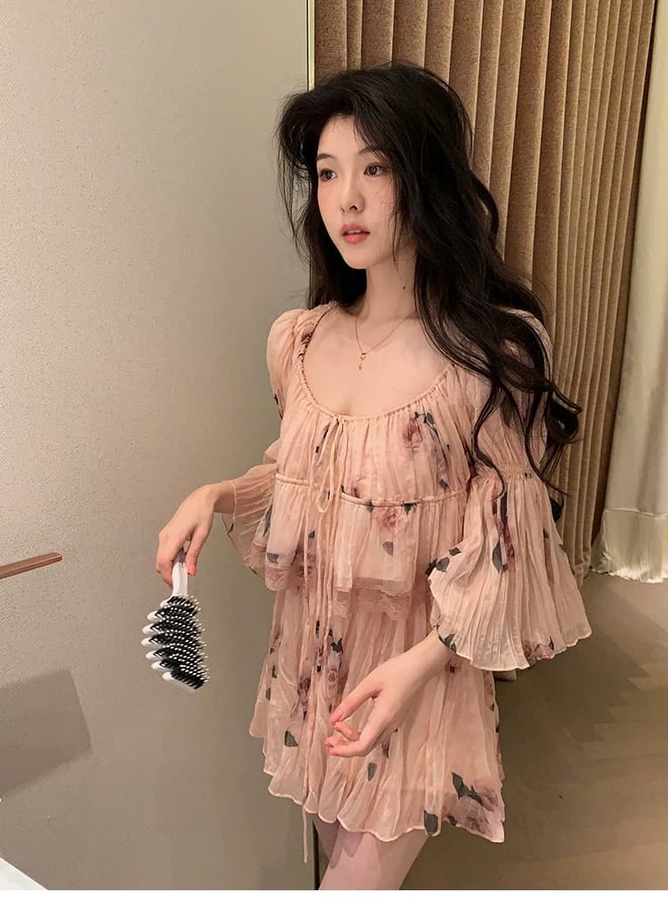 대 eees 나카지마 장미 프랑스식 중년 낭만주의 오프숄더 광장 칼라 둘 착용 플리츠 꽃무늬 휴가 바람 세트 상세 이미지 5