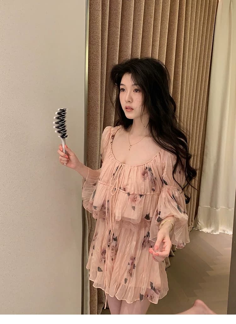 대 eees 나카지마 장미 프랑스식 중년 낭만주의 오프숄더 광장 칼라 둘 착용 플리츠 꽃무늬 휴가 바람 세트 상세 이미지 7