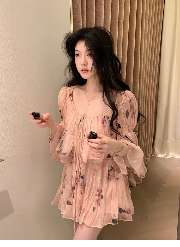 대 eees 나카지마 장미 프랑스식 중년 낭만주의 오프숄더 광장 칼라 둘 착용 플리츠 꽃무늬 휴가 바람 세트 상세 이미지 8