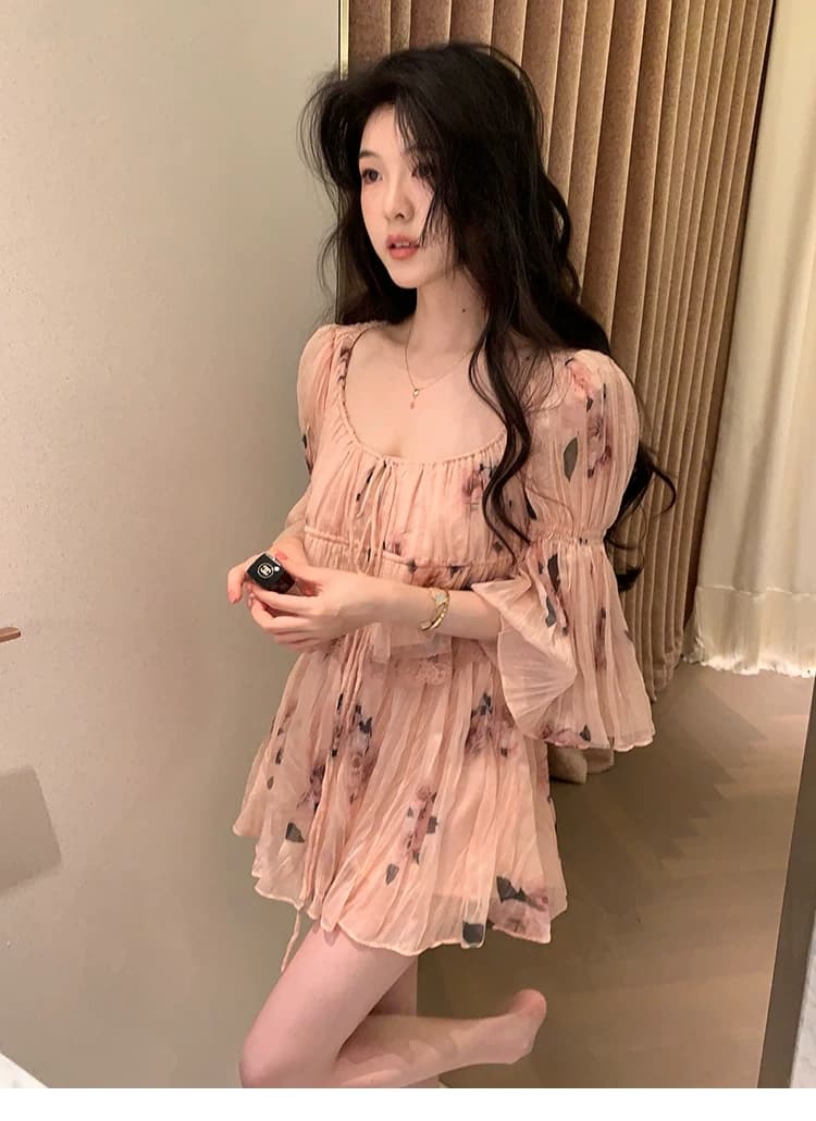대 eees 나카지마 장미 프랑스식 중년 낭만주의 오프숄더 광장 칼라 둘 착용 플리츠 꽃무늬 휴가 바람 세트 상세 이미지 9