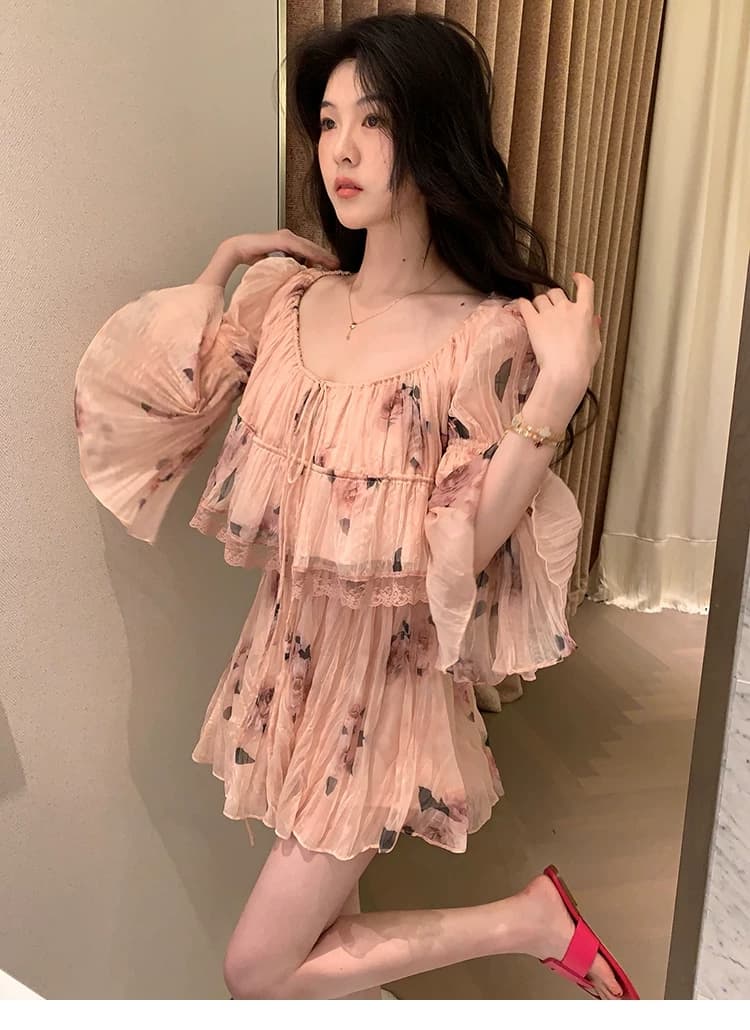 대 eees 나카지마 장미 프랑스식 중년 낭만주의 오프숄더 광장 칼라 둘 착용 플리츠 꽃무늬 휴가 바람 세트 상세 이미지 11