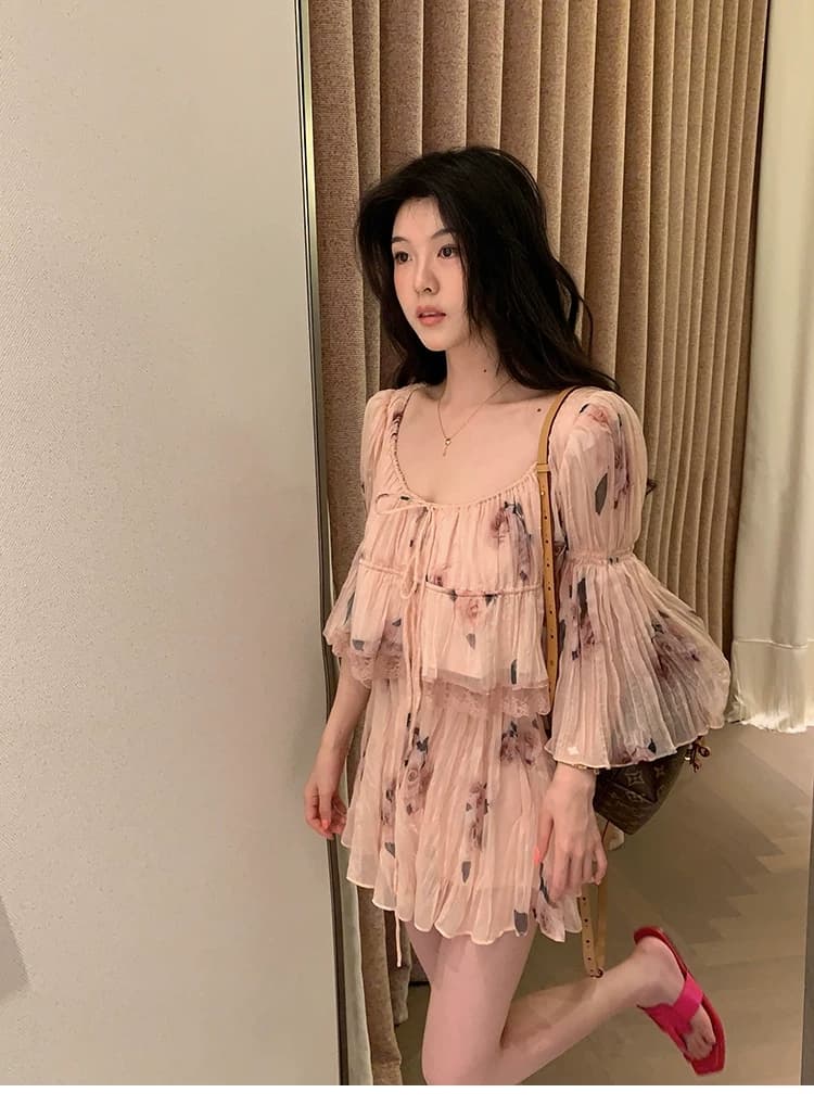 대 eees 나카지마 장미 프랑스식 중년 낭만주의 오프숄더 광장 칼라 둘 착용 플리츠 꽃무늬 휴가 바람 세트 상세 이미지 14