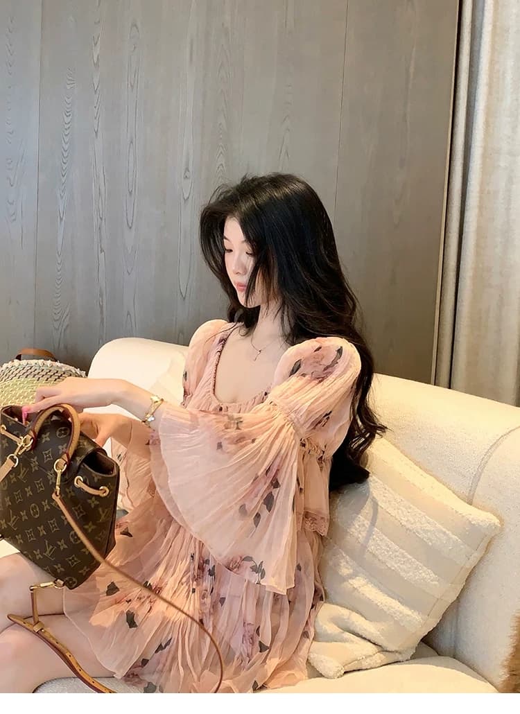 대 eees 나카지마 장미 프랑스식 중년 낭만주의 오프숄더 광장 칼라 둘 착용 플리츠 꽃무늬 휴가 바람 세트 상세 이미지 17