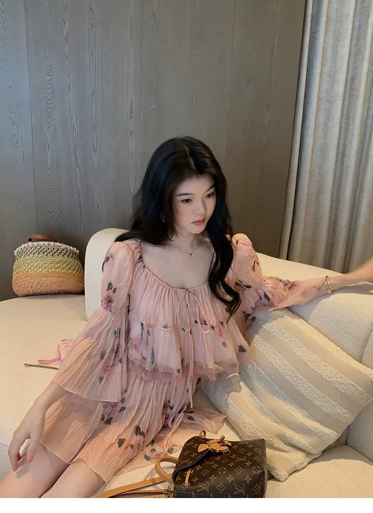 대 eees 나카지마 장미 프랑스식 중년 낭만주의 오프숄더 광장 칼라 둘 착용 플리츠 꽃무늬 휴가 바람 세트 상세 이미지 18