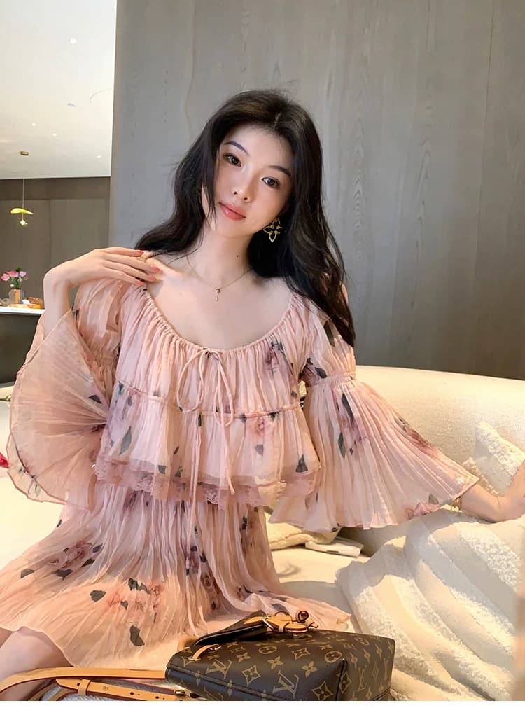 대 eees 나카지마 장미 프랑스식 중년 낭만주의 오프숄더 광장 칼라 둘 착용 플리츠 꽃무늬 휴가 바람 세트 상세 이미지 19
