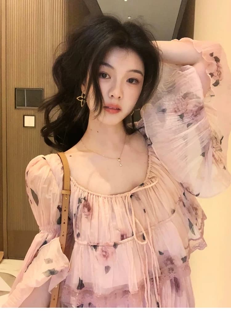 대 eees 나카지마 장미 프랑스식 중년 낭만주의 오프숄더 광장 칼라 둘 착용 플리츠 꽃무늬 휴가 바람 세트 상세 이미지 21