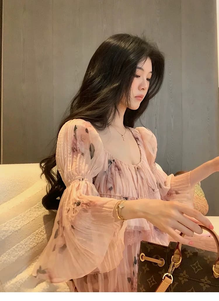 대 eees 나카지마 장미 프랑스식 중년 낭만주의 오프숄더 광장 칼라 둘 착용 플리츠 꽃무늬 휴가 바람 세트 상세 이미지 22