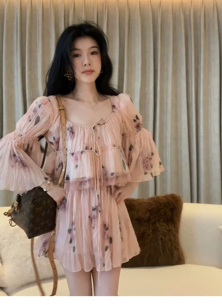 대 eees 나카지마 장미 프랑스식 중년 낭만주의 오프숄더 광장 칼라 둘 착용 플리츠 꽃무늬 휴가 바람 세트 상세 이미지 23