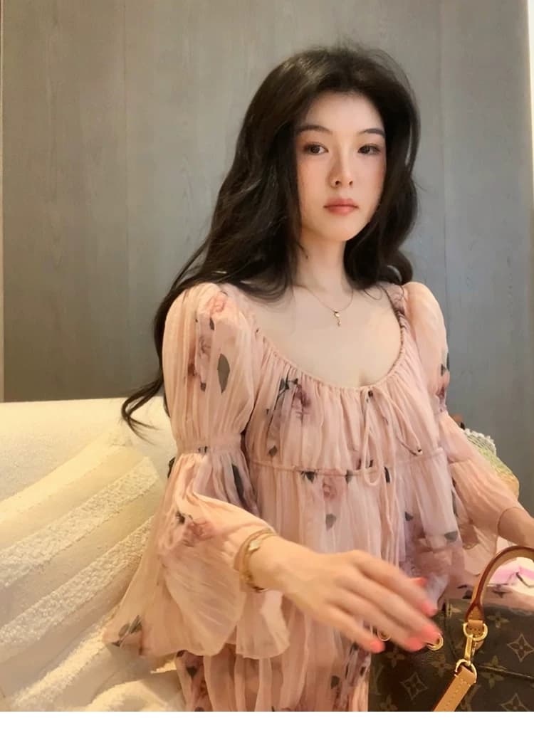 대 eees 나카지마 장미 프랑스식 중년 낭만주의 오프숄더 광장 칼라 둘 착용 플리츠 꽃무늬 휴가 바람 세트 상세 이미지 24