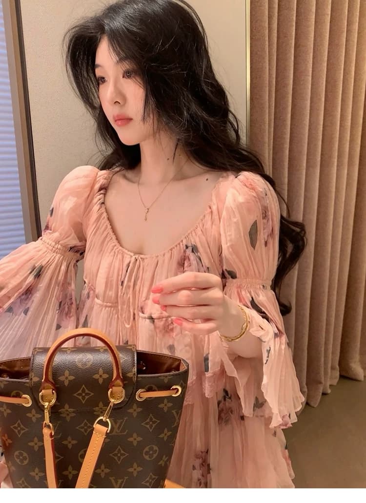 대 eees 나카지마 장미 프랑스식 중년 낭만주의 오프숄더 광장 칼라 둘 착용 플리츠 꽃무늬 휴가 바람 세트 상세 이미지 26