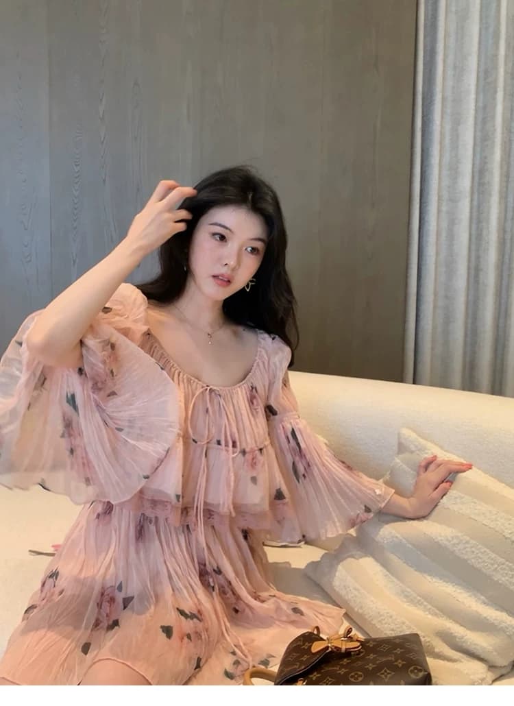 대 eees 나카지마 장미 프랑스식 중년 낭만주의 오프숄더 광장 칼라 둘 착용 플리츠 꽃무늬 휴가 바람 세트 상세 이미지 29