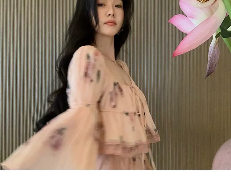 대 eees 나카지마 장미 프랑스식 중년 낭만주의 오프숄더 광장 칼라 둘 착용 플리츠 꽃무늬 휴가 바람 세트 상세 이미지 30