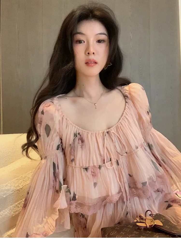 대 eees 나카지마 장미 프랑스식 중년 낭만주의 오프숄더 광장 칼라 둘 착용 플리츠 꽃무늬 휴가 바람 세트 상세 이미지 31