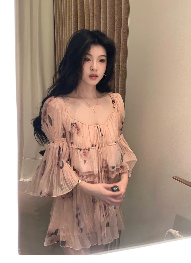 대 eees 나카지마 장미 프랑스식 중년 낭만주의 오프숄더 광장 칼라 둘 착용 플리츠 꽃무늬 휴가 바람 세트 상세 이미지 32