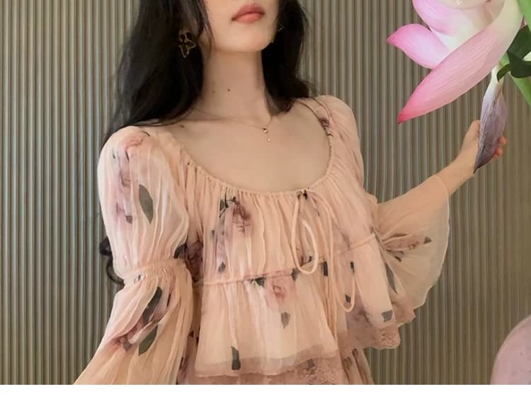 대 eees 나카지마 장미 프랑스식 중년 낭만주의 오프숄더 광장 칼라 둘 착용 플리츠 꽃무늬 휴가 바람 세트 상세 이미지 33