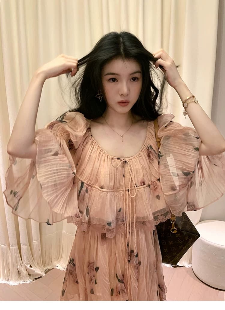 대 eees 나카지마 장미 프랑스식 중년 낭만주의 오프숄더 광장 칼라 둘 착용 플리츠 꽃무늬 휴가 바람 세트 상세 이미지 42