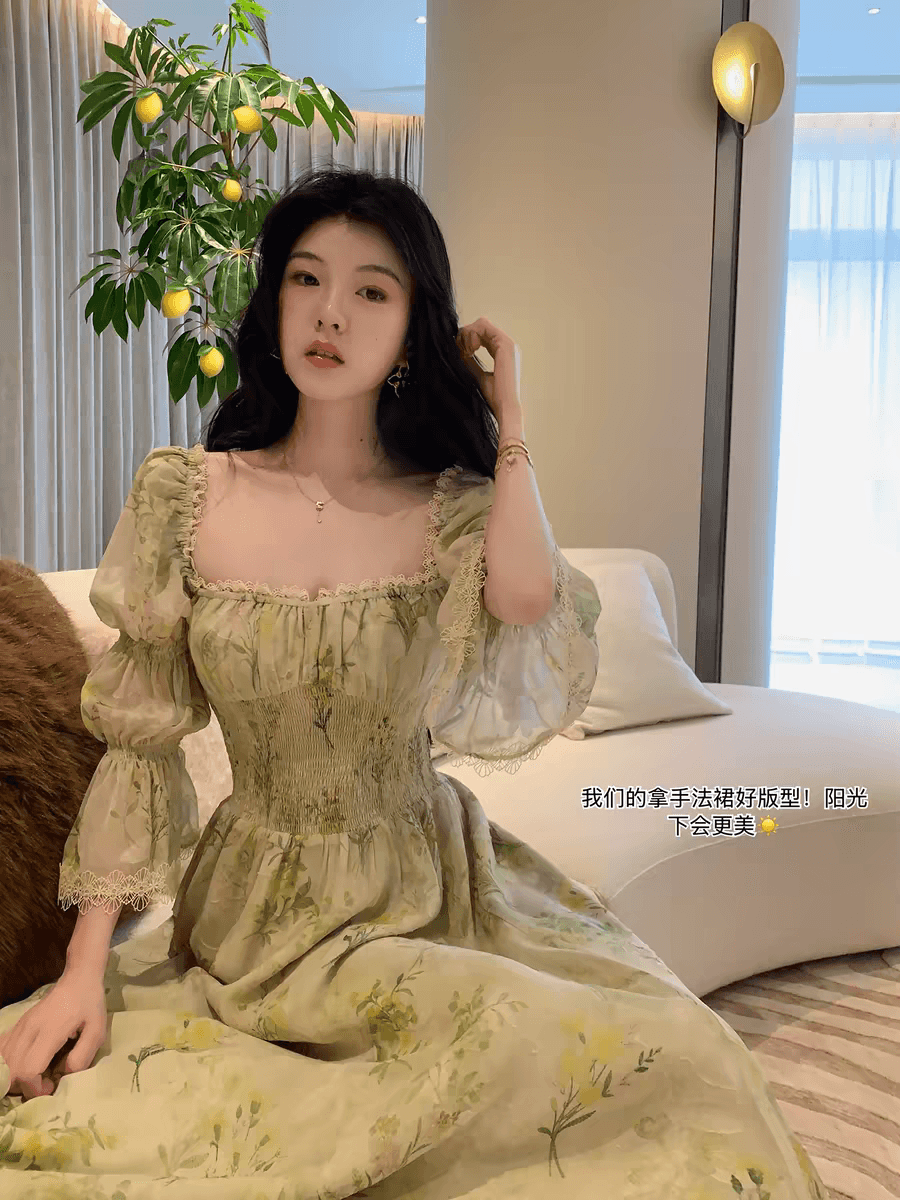 대 eees 에어로빅 한여름 광장 칼라 꽃무늬 프랑스식 여성 드레스 여름 새로운 허리 수축 롱 스커트 차 휴식 치마 이미지 2