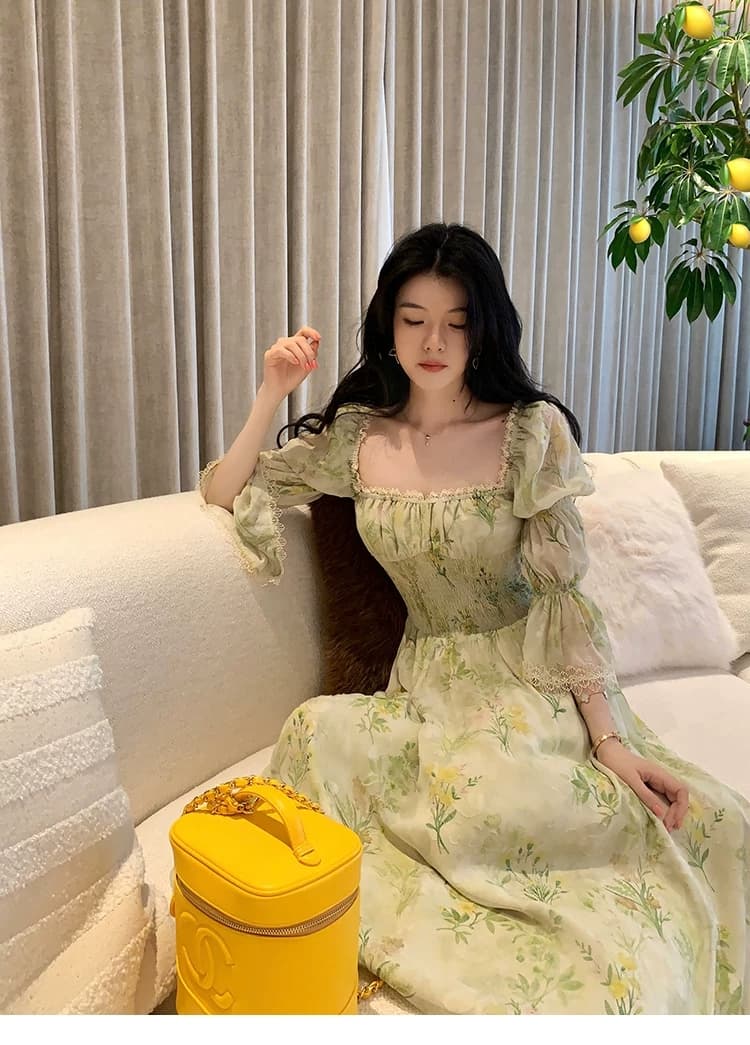 대 eees 에어로빅 한여름 광장 칼라 꽃무늬 프랑스식 여성 드레스 여름 새로운 허리 수축 롱 스커트 차 휴식 치마 이미지 4