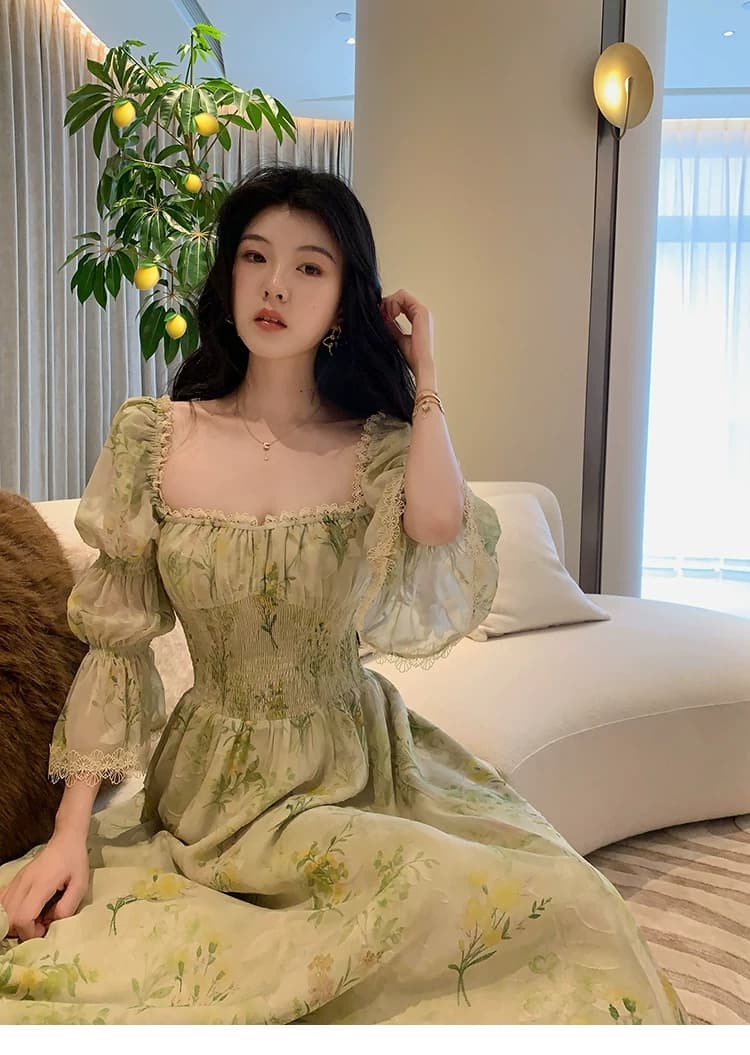 대 eees 에어로빅 한여름 광장 칼라 꽃무늬 프랑스식 여성 드레스 여름 새로운 허리 수축 롱 스커트 차 휴식 치마 상세 이미지 8