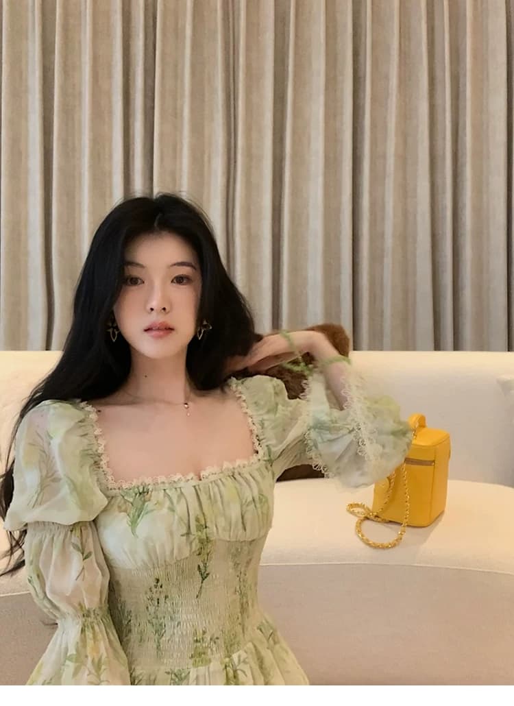 대 eees 에어로빅 한여름 광장 칼라 꽃무늬 프랑스식 여성 드레스 여름 새로운 허리 수축 롱 스커트 차 휴식 치마 상세 이미지 14