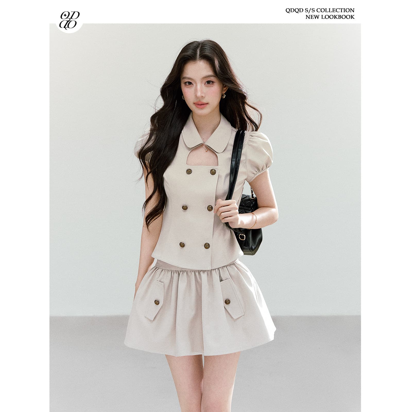 qdqd 레트로 학원 스타일 세트 베이비 칼라 홀로우 아웃 거품 소매 이중 버튼 반팔 셔츠 다용도 퍼프 미니 스커트 이미지 6