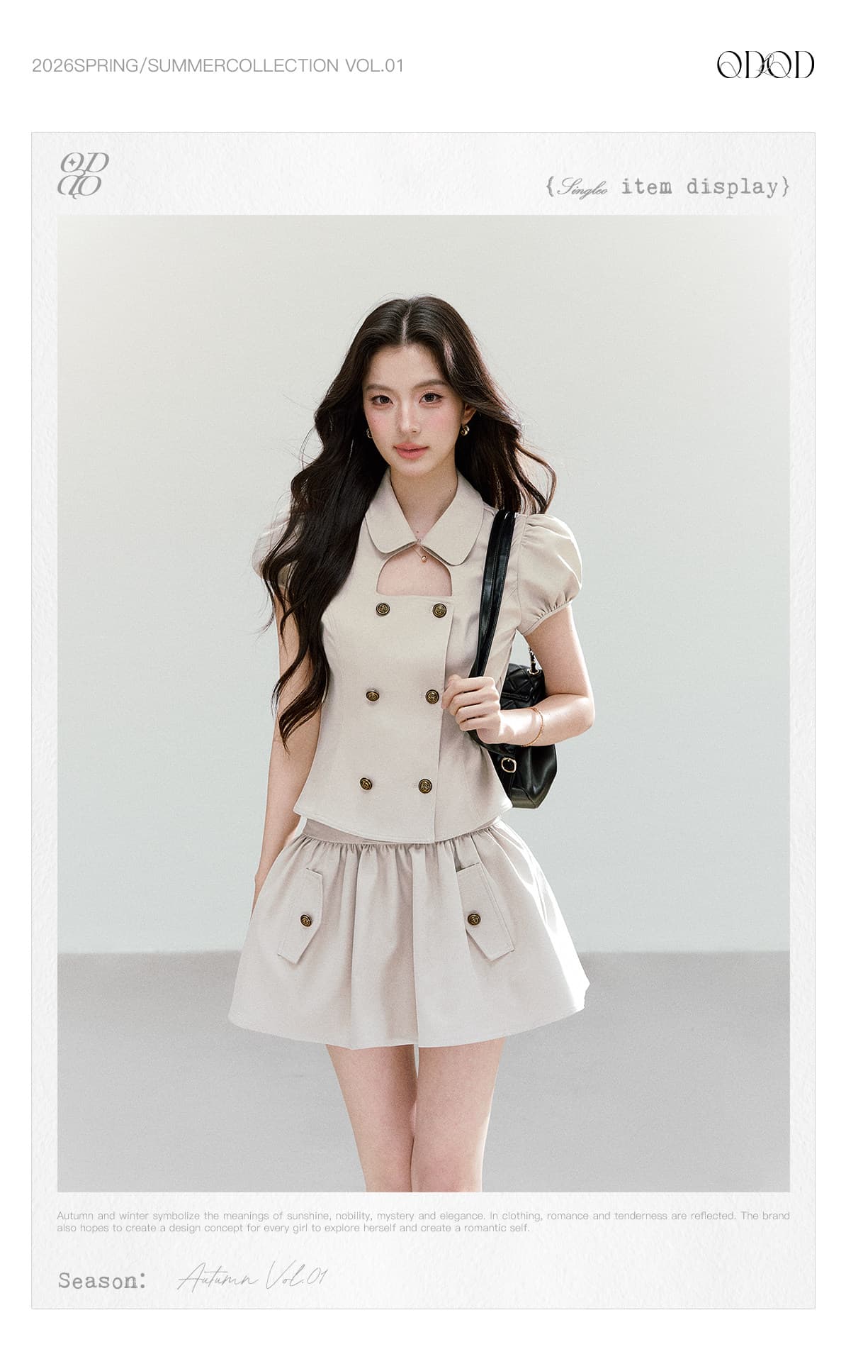 qdqd 레트로 학원 스타일 세트 베이비 칼라 홀로우 아웃 거품 소매 이중 버튼 반팔 셔츠 다용도 퍼프 미니 스커트 상세 이미지 3
