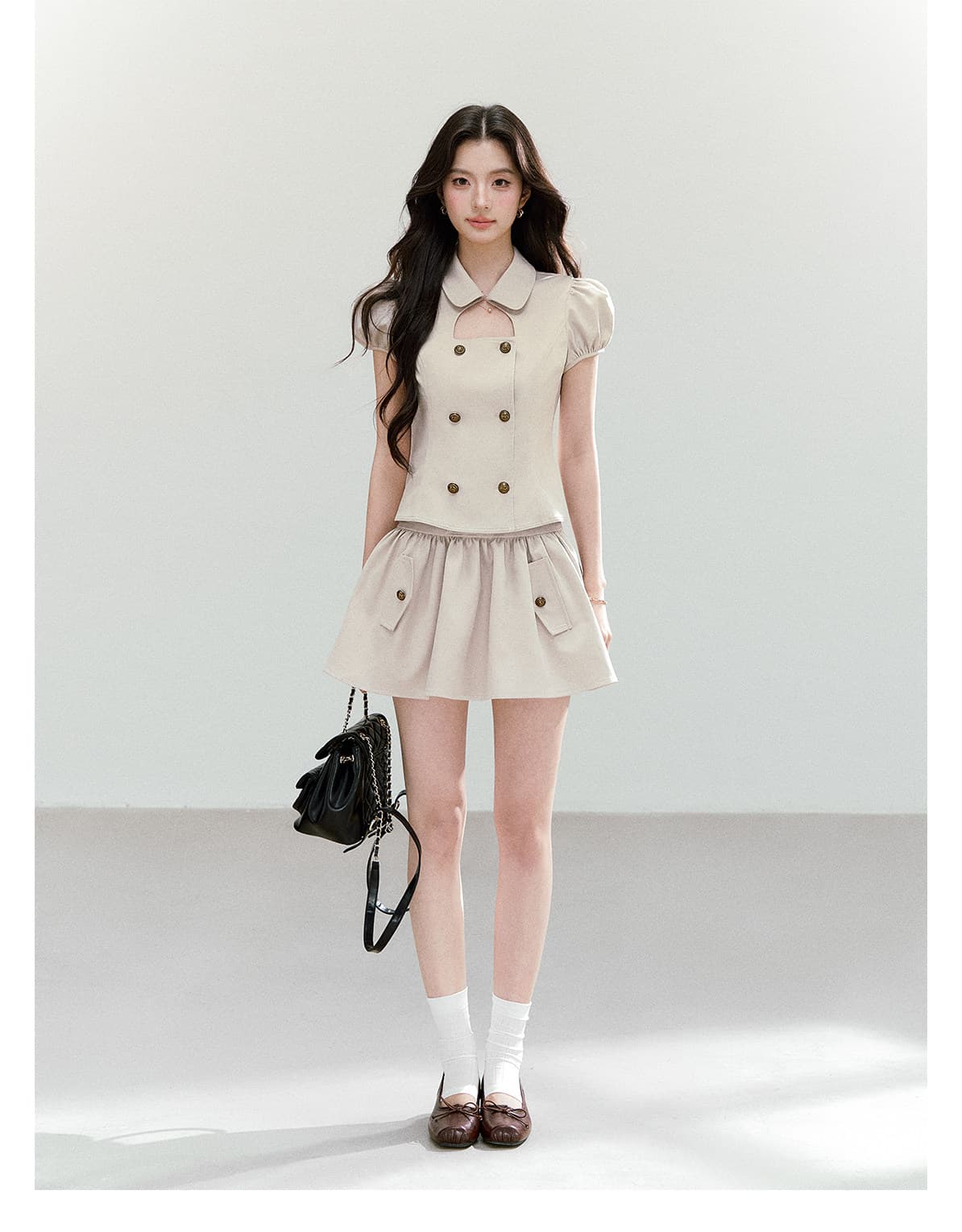 qdqd 레트로 학원 스타일 세트 베이비 칼라 홀로우 아웃 거품 소매 이중 버튼 반팔 셔츠 다용도 퍼프 미니 스커트 상세 이미지 4