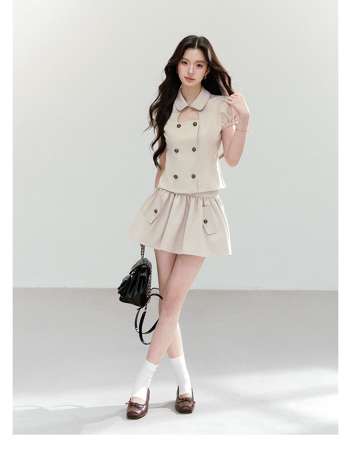 qdqd 레트로 학원 스타일 세트 베이비 칼라 홀로우 아웃 거품 소매 이중 버튼 반팔 셔츠 다용도 퍼프 미니 스커트 상세 이미지 5