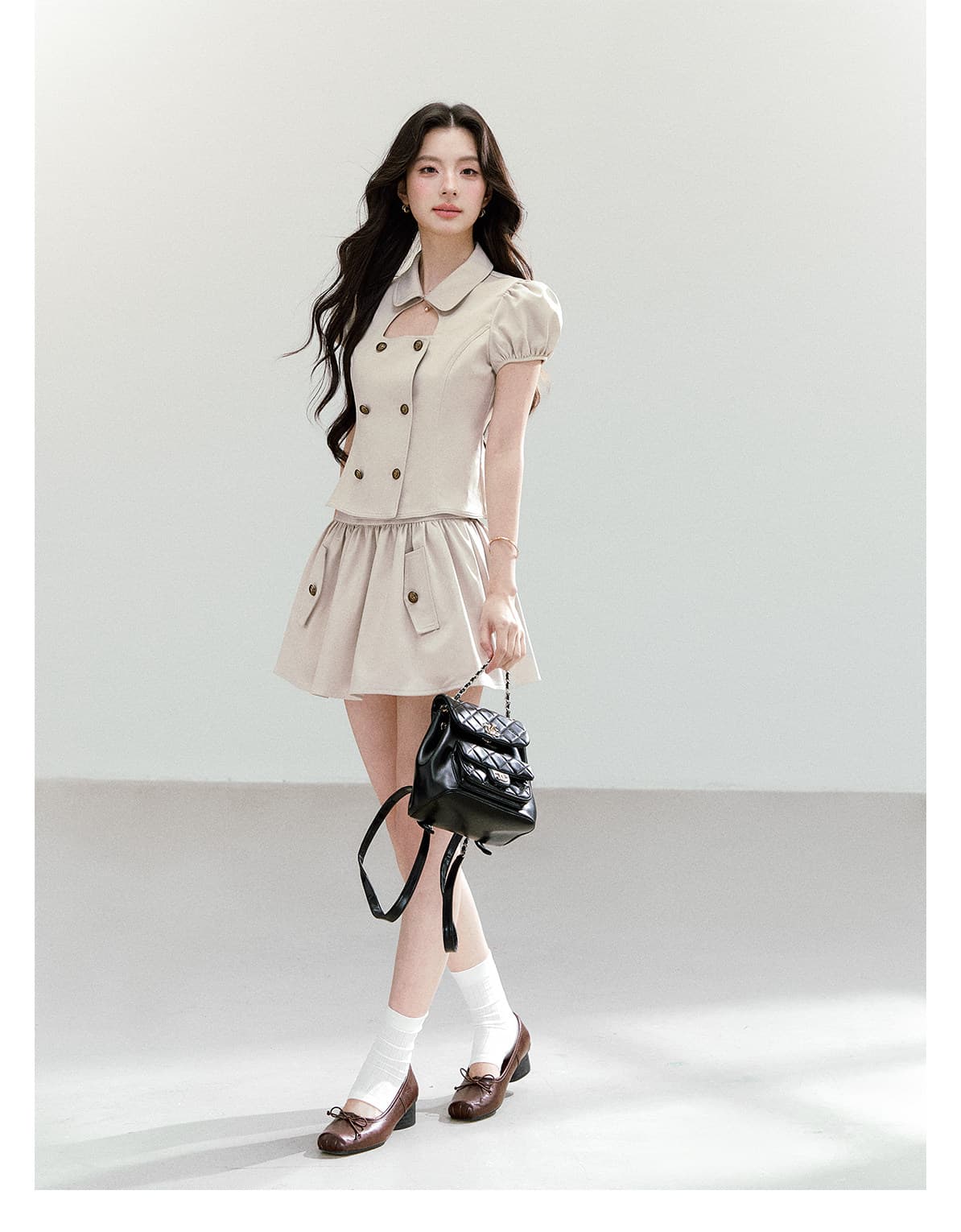 qdqd 레트로 학원 스타일 세트 베이비 칼라 홀로우 아웃 거품 소매 이중 버튼 반팔 셔츠 다용도 퍼프 미니 스커트 상세 이미지 6
