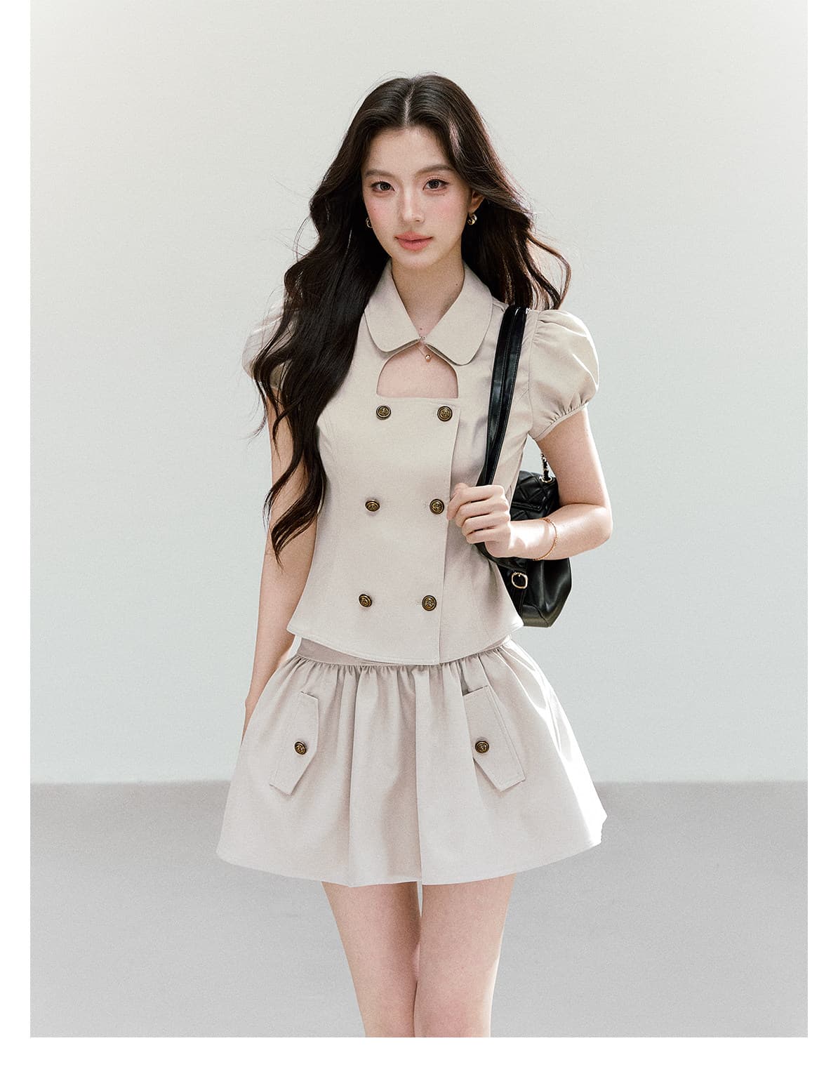 qdqd 레트로 학원 스타일 세트 베이비 칼라 홀로우 아웃 거품 소매 이중 버튼 반팔 셔츠 다용도 퍼프 미니 스커트 상세 이미지 8