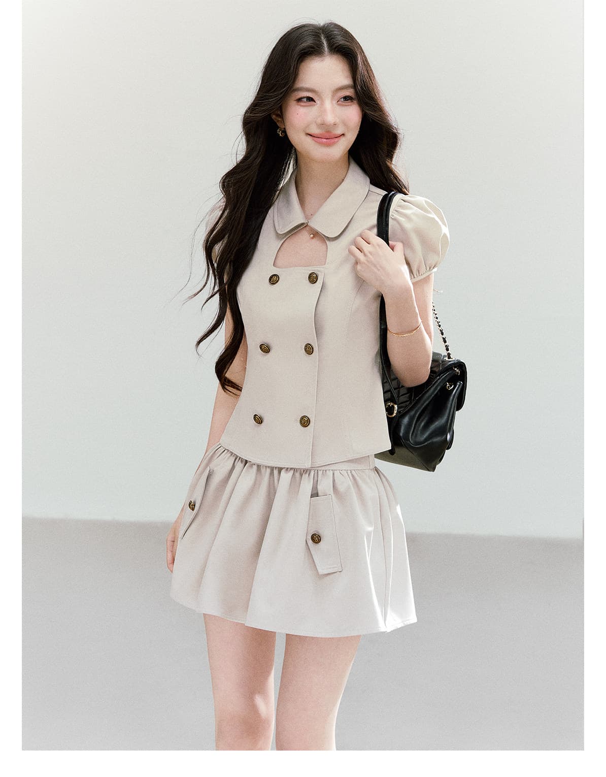 qdqd 레트로 학원 스타일 세트 베이비 칼라 홀로우 아웃 거품 소매 이중 버튼 반팔 셔츠 다용도 퍼프 미니 스커트 상세 이미지 10