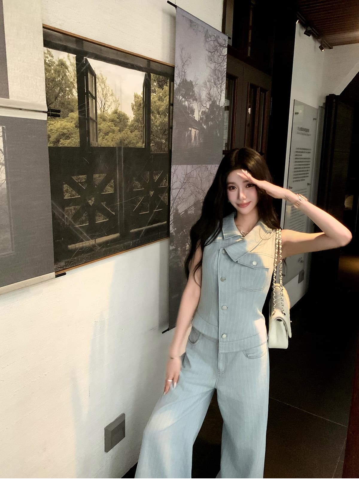 barbchill 지능 느슨함 酵素 워싱 데님 세트 여성 여름 디자인 센스 베스트 와이드 레그 팬츠 상세 이미지 9