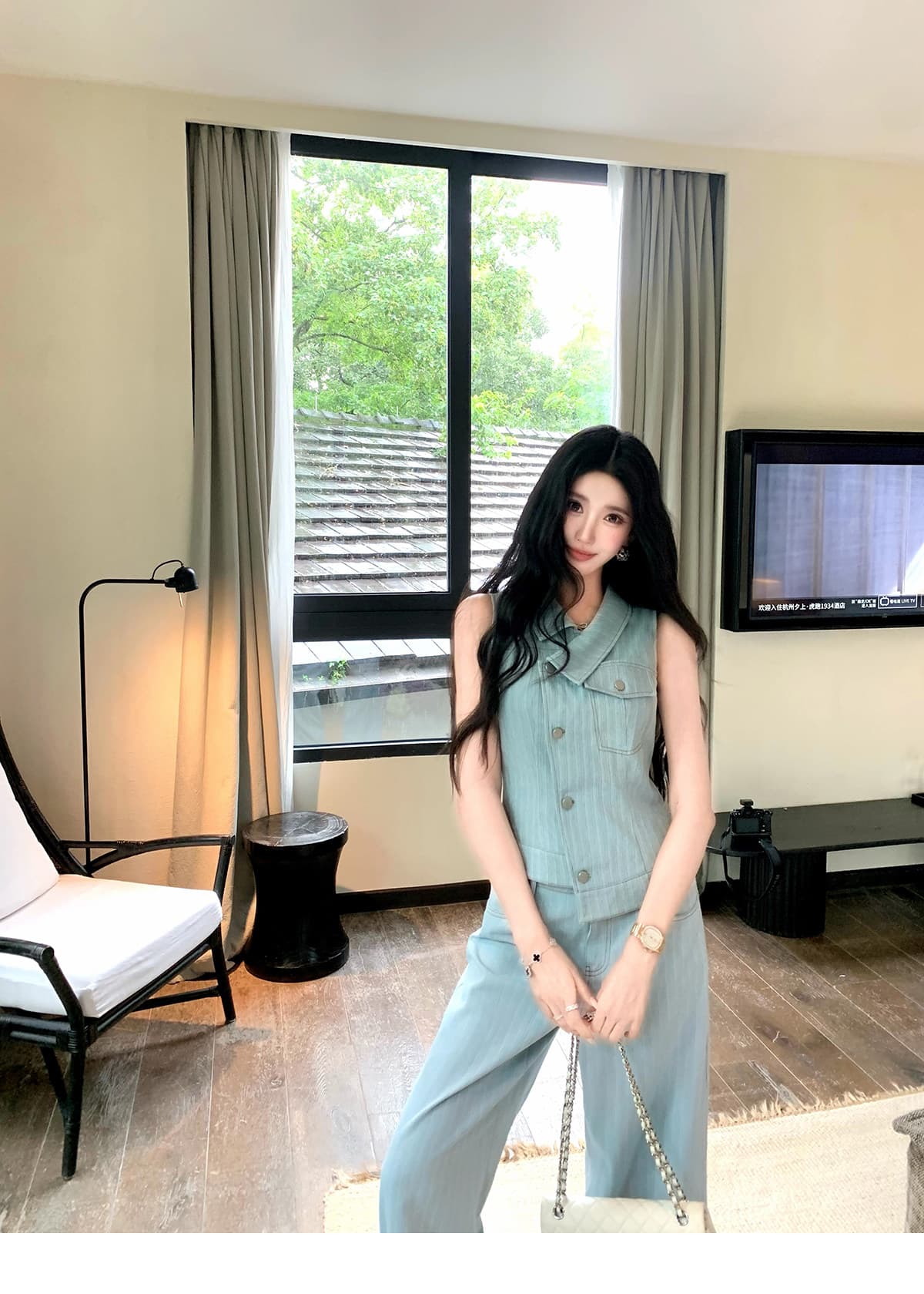 barbchill 지능 느슨함 酵素 워싱 데님 세트 여성 여름 디자인 센스 베스트 와이드 레그 팬츠 상세 이미지 15