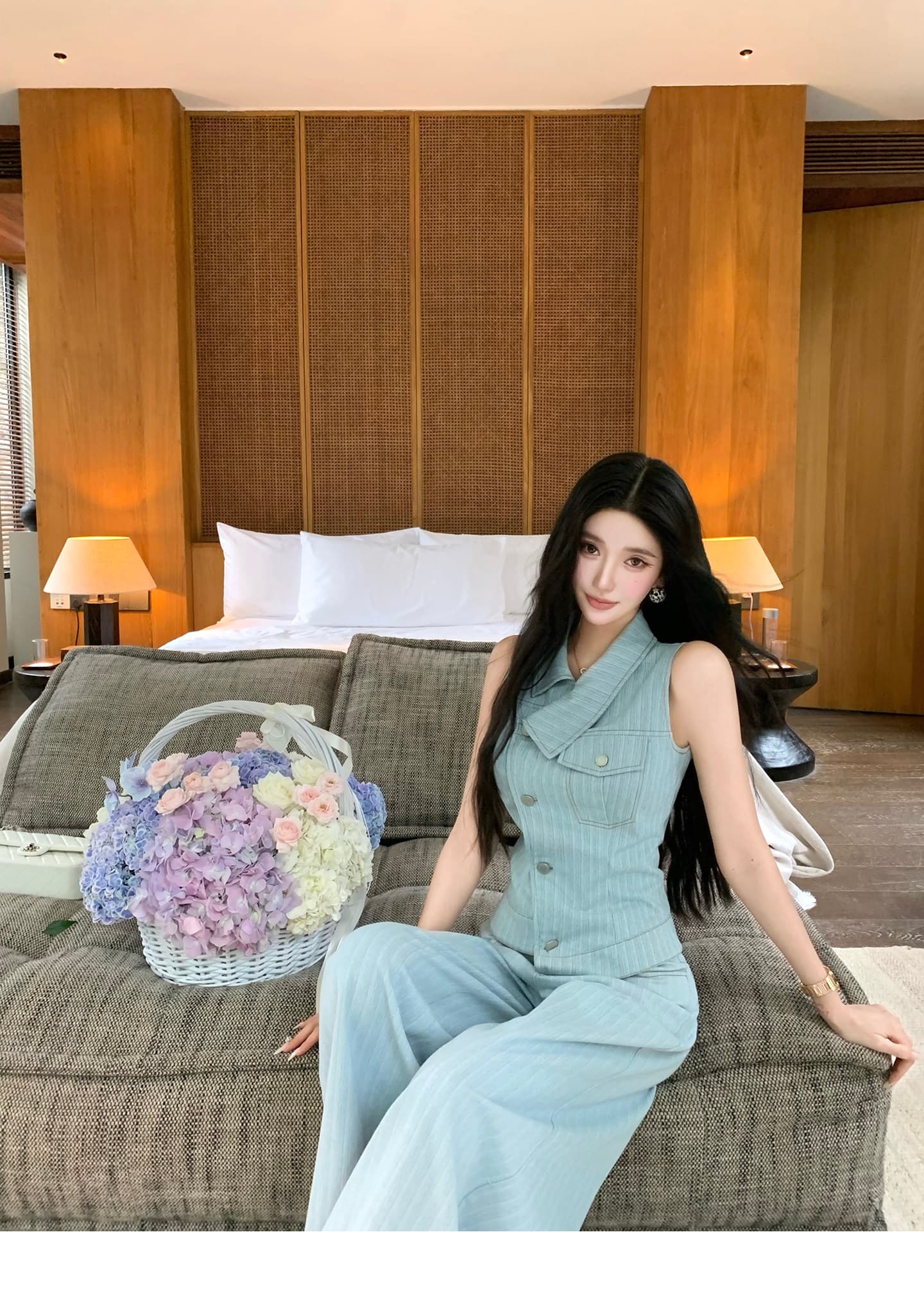 barbchill 지능 느슨함 酵素 워싱 데님 세트 여성 여름 디자인 센스 베스트 와이드 레그 팬츠 상세 이미지 26