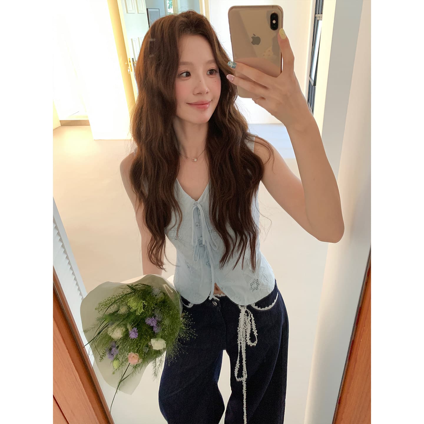 even 하나 원자바오 아일랜드 전복 한 부서 높음 지혜 맨위 반 스커트 투피스 세트 프랑스식 자수 민소매 세트 이미지 3